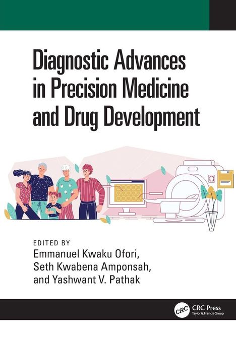 „Diagnostic Advances in Precision Medicine and Drug Development“, bearbeitet von Emmanuel Kwaku Ofori und anderen. Illustration mit Menschen und einem medizinischen Gerät.