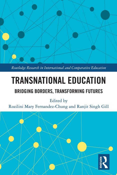 "Transnational Education: Bridging Borders, Transforming Futures" ist der Titel. Blaues Cover mit Vernetzungsmuster.