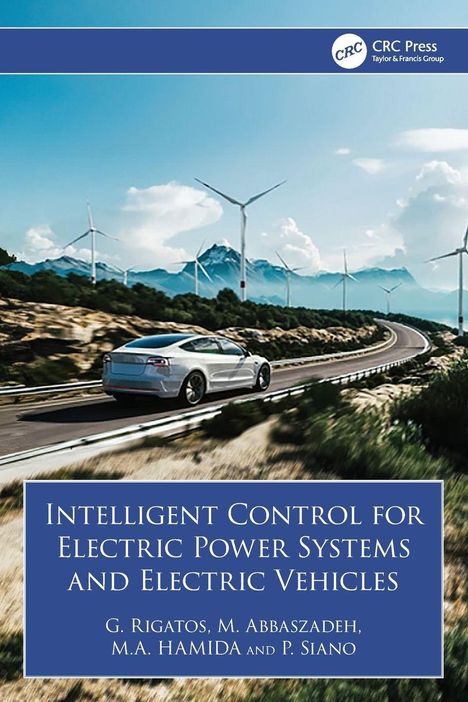 Intelligent Control for Electric Power Systems and Electric Vehicles. Auto auf Straße mit Windkraftanlagen.