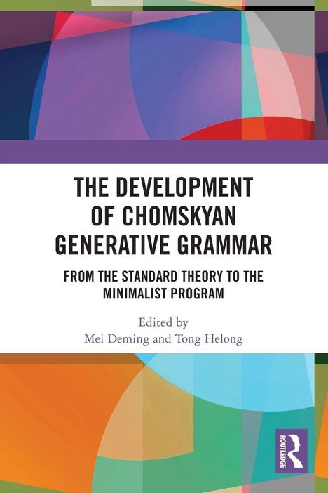„THE DEVELOPMENT OF CHOMSKYAN GENERATIVE GRAMMAR”, buntes geometrisches Design in Lila, Blau und Orange.