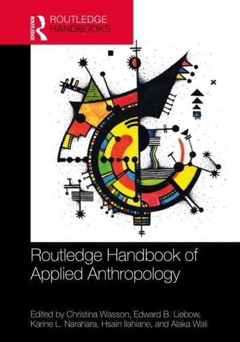 "Routledge Handbook of Applied Anthropology" darunter bunte geometrische Illustration mit schwarzen Details.
