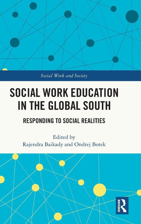 „SOCIAL WORK EDUCATION IN THE GLOBAL SOUTH“, blauer Hintergrund mit gelben und schwarzen Punkten und Linien.