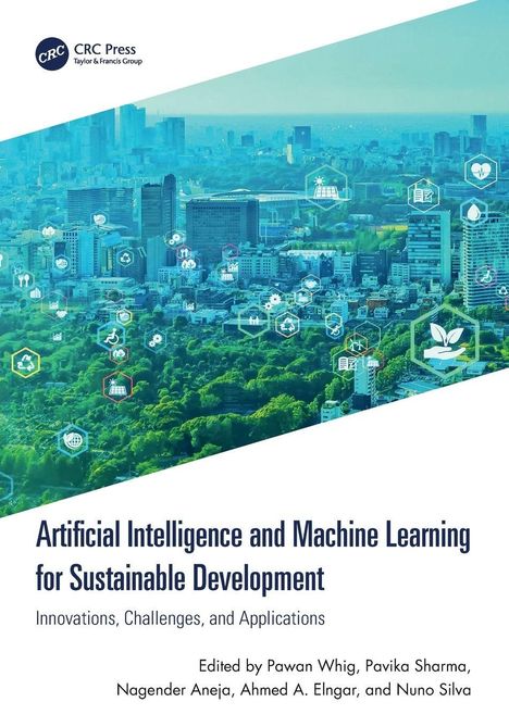 "Artificial Intelligence and Machine Learning for Sustainable Development" mit Stadtansicht und Technologie-Icons.