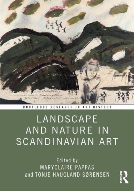 Titel: "LANDSCAPE AND NATURE IN SCANDINAVIAN ART". Illustration: Hügel, Baumformen, menschliche Skizzen.