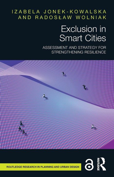 Buchumschlag: "Exclusion in Smart Cities". Geometrische Formen mit Menschen in einem digital wirkenden Raum.