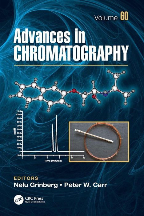 "Advances in CHROMATOGRAPHY Volume 60". Molekülkette, Chromatogramm und analytische Gerätschaften vor blauem Hintergrund.