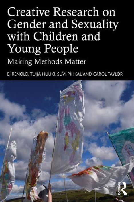 Buchtitel: "Creative Research on Gender and Sexuality with Children and Young People". Himmel mit wehenden Fahnen.