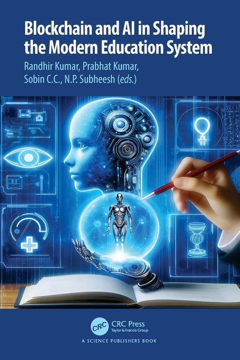 "Blockchain and AI in Shaping the Modern Education System." Illustration von KI-Kopf, Roboterfigur und Hand mit Stift.