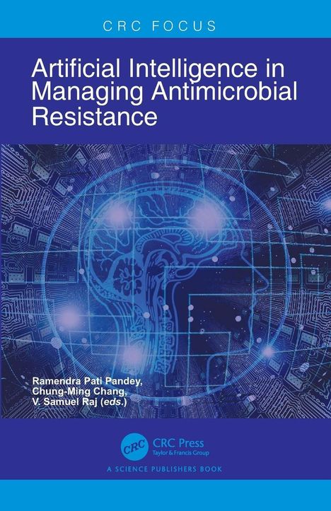 "Artificial Intelligence in Managing Antimicrobial Resistance". Illustration: Gehirn in digitalem Stil mit Schaltkreisen.