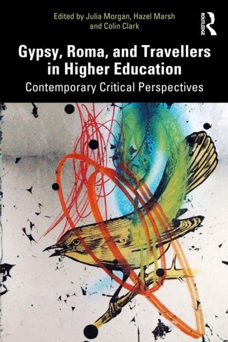 "Gypsy, Roma, and Travellers in Higher Education" über Illustration mit bunten Linien und einem Vogel.