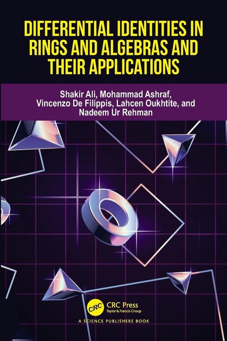 "Differential Identities in Rings and Algebras and Their Applications" von Shakir Ali und anderen. Abstrakte Formen auf lila Hintergrund.