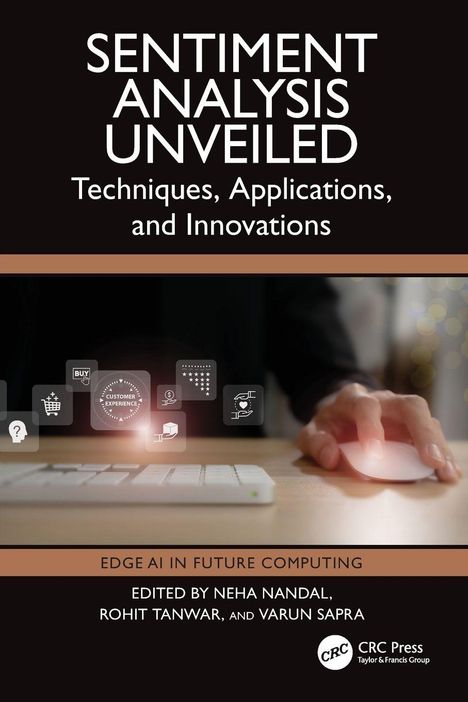 "Sentiment Analysis Unveiled: Techniques, Applications, and Innovations" mit Bild von Hand an Maus, Icons schweben.