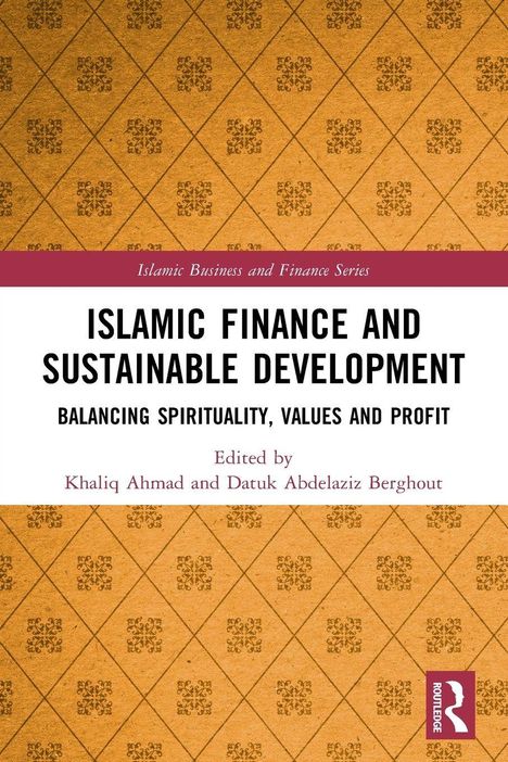 „Islamic Finance and Sustainable Development: Balancing Spirituality, Values and Profit“; goldene Muster, roter Streifen.