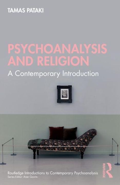 Text: "Psychoanalysis and Religion: A Contemporary Introduction." Bild: Ein Sofa vor einer blauen Wand mit kleinem Bild darüber.