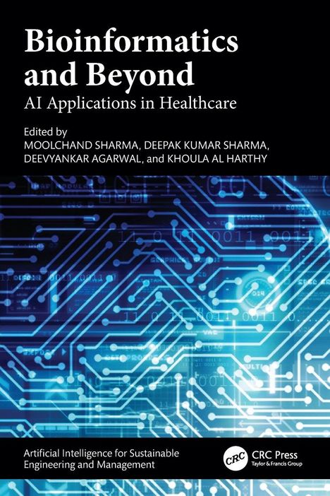 „Bioinformatics and Beyond: AI Applications in Healthcare“ oben. Grafik mit blauen Schaltkreisen unten.