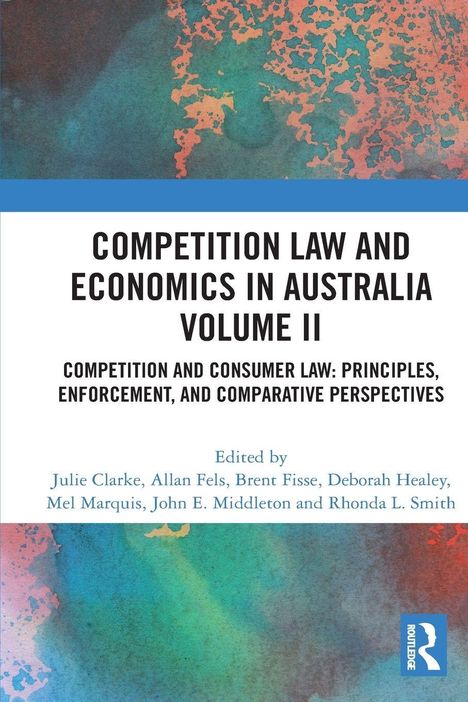 Titel: "Competition Law and Economics in Australia Volume II". Abstrakte orange-grüne Farbmuster.