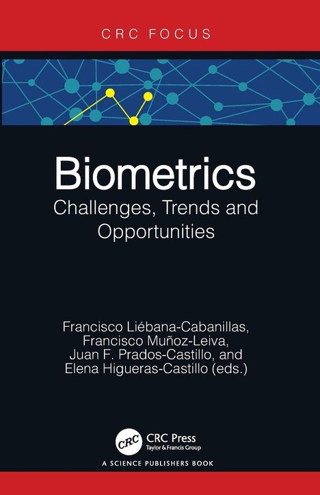 Der Text lautet: "Biometrics: Challenges, Trends and Opportunities" mit Autoren: Francisco Liébana-Cabanillas et al. Oben ein Netzwerkmuster.