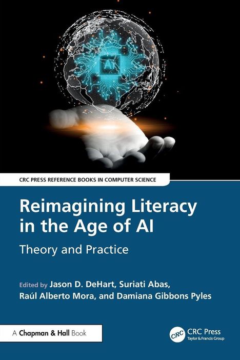 „Reimagining Literacy in the Age of AI: Theory and Practice.“ Eine offene Hand hält eine digitale Weltkugel.
