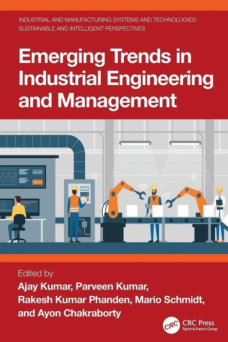Titel: „Emerging Trends in Industrial Engineering and Management“. Illustration mit Fabrikarbeiter und Maschinen.