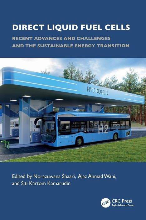 Titel: "Direct Liquid Fuel Cells". Ein blauer Wasserstoffbus an einer H2-Tankstelle, umgeben von Bäumen.