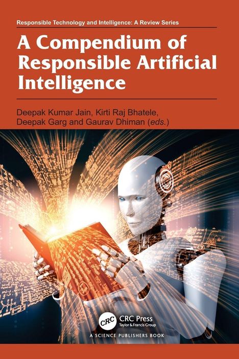 Titel: A Compendium of Responsible Artificial Intelligence. Roboter hält ein leuchtendes Buch, umgeben von Datenströmen.