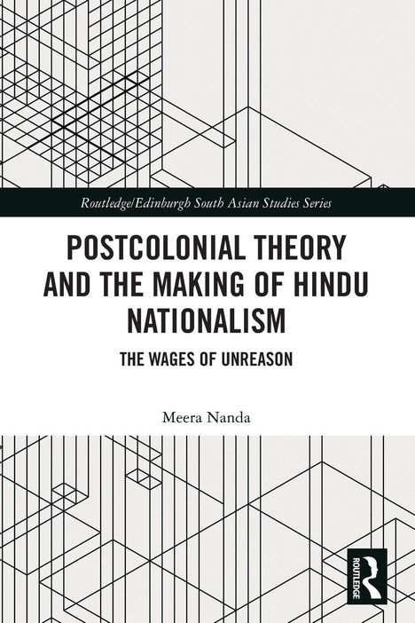 "POSTCOLONIAL THEORY AND THE MAKING OF HINDU NATIONALISM" in schwarzen Buchstaben, geometrisches Linienmuster.