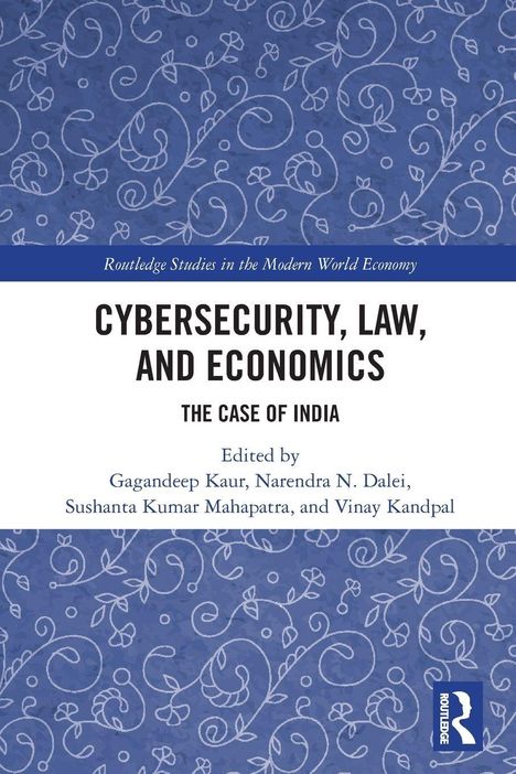 "CYBERSECURITY, LAW, AND ECONOMICS: THE CASE OF INDIA" ist prominent zu sehen. Ein florales Muster in Blau bildet den Hintergrund.