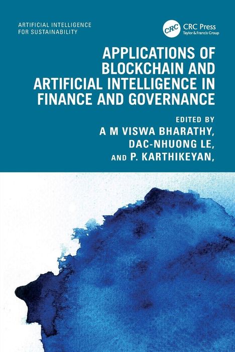 Ein blaues Cover mit weißem Text über Blockchain und KI-Anwendungen im Finanzwesen, bearbeitet von drei Autoren.