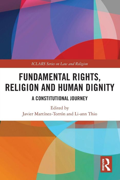 „Fundamental Rights, Religion and Human Dignity“. Bunte, abstrakte geometrische Formen mit einem Logo unten rechts.