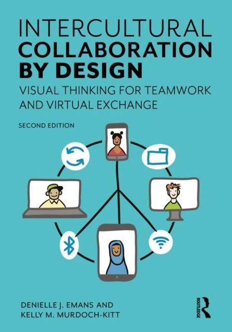Text: "Intercultural Collaboration by Design: Visual Thinking for Teamwork and Virtual Exchange, Second Edition." Illustration: Sechs vernetzte Figuren und Symbole auf blauem Hintergrund.
