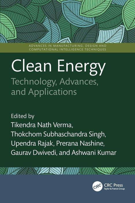 "Clean Energy: Technology, Advances, and Applications" von Verma et al. Blatt-Muster oben, CRC Press Logo unten rechts.
