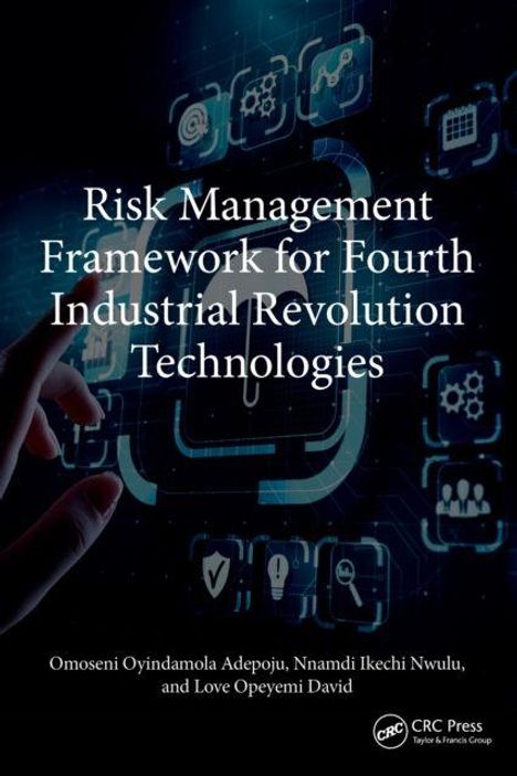 "Risk Management Framework for Fourth Industrial Revolution Technologies" steht oben. Unten sind drei Autoren genannt. Im Hintergrund ist eine digitale Interface-Darstellung mit Symbolen und einer Hand zu sehen.