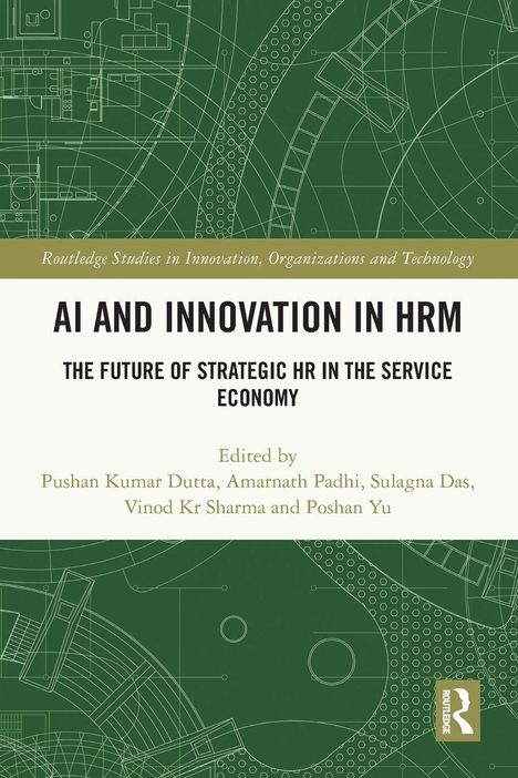 AI AND INNOVATION IN HRM: THE FUTURE OF STRATEGIC HR IN THE SERVICE ECONOMY. Grüner Hintergrund mit technischen Zeichnungen.