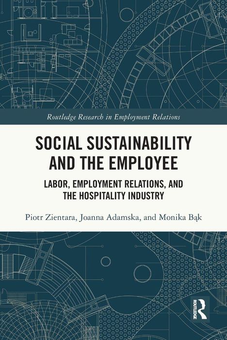 „Social Sustainability and the Employee“ in großen, schwarzen Buchstaben, darunter Autoren, technisches blaues Muster.