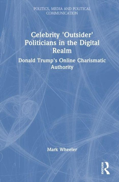 Text in mehreren Abschnitten: Titel über Trump's charismatische Autorität. Blauer Hintergrund mit abstrakten Linien.