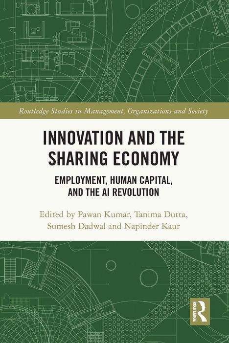 „INNOVATION AND THE SHARING ECONOMY“ zentral platziert. Grüner Hintergrund mit technischen Zeichnungen.