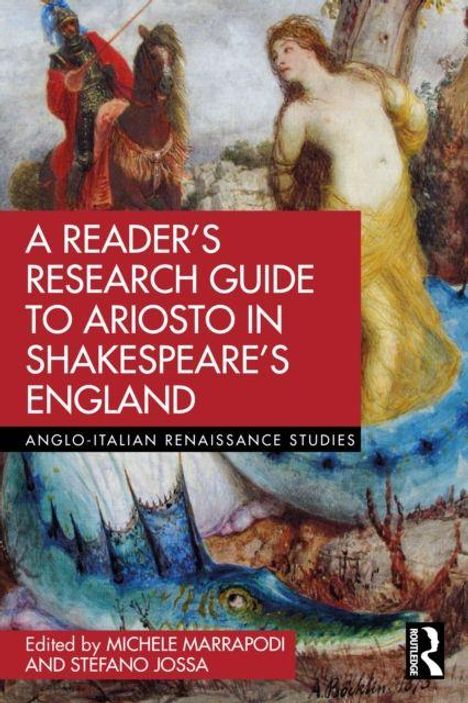 Titel: "A Reader’s Research Guide to Ariosto in Shakespeare’s England". Illustration: Figuren in kräftigen Farben.