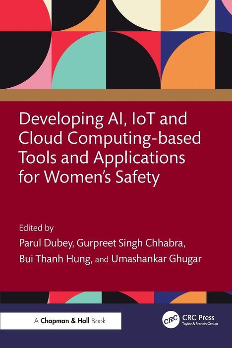 Buchtitel: "Developing AI, IoT and Cloud Computing-based Tools and Applications for Women’s Safety." Geometrisches Muster.