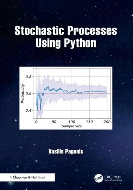 „Stochastic Processes Using Python“, Diagramm mit Linie: Wahrscheinlichkeit gegen Stichprobengröße, Name: Vasilis Pagonis.