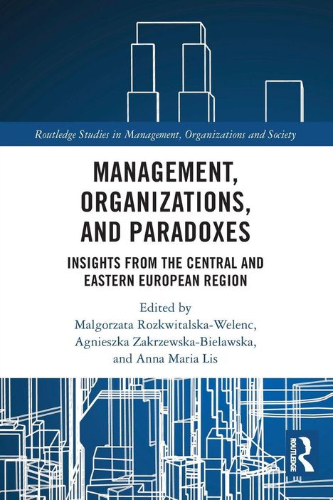 Buchtitel: "Management, Organizations, and Paradoxes". Abstrakte blaue und weiße Linienzeichnung von Gebäuden.