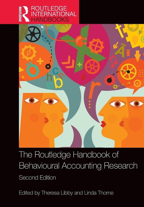 „The Routledge Handbook of Behavioural Accounting Research, Second Edition“. Zwei abstrakte Köpfe mit bunten Symbolen.