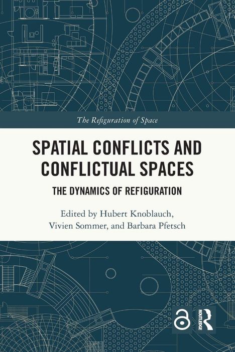 "Spatial Conflicts and Conflictual Spaces: The Dynamics of Refiguration" steht groß auf abstraktem, blauem Architekturhintergrund.