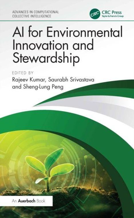 Text: "AI for Environmental Innovation and Stewardship." Unter einem grünen Blatt sprießt eine Pflanze aus der Erde.