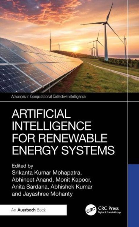 Titel: "Artificial Intelligence for Renewable Energy Systems". Windräder und Solarpanelen in einer Landschaft bei Sonnenuntergang.