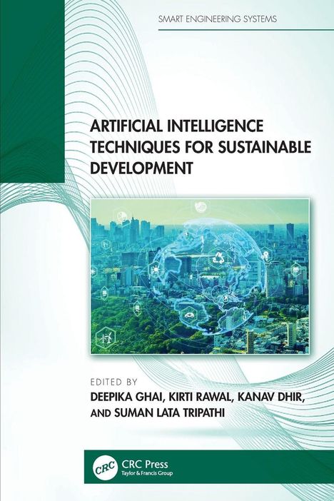 Text: "ARTIFICIAL INTELLIGENCE TECHNIQUES FOR SUSTAINABLE DEVELOPMENT". Hintergrund: Stadtbild mit Umwelt-Icons.