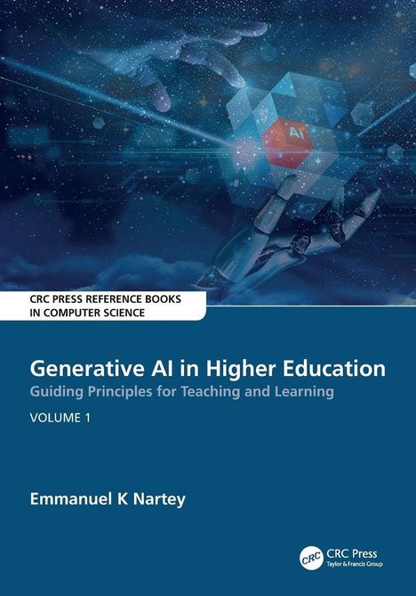 "Generative AI in Higher Education", Guiding Principles für Lehre, Band 1. Illustration: Menschliche und Roboterhand berühren Kubus.