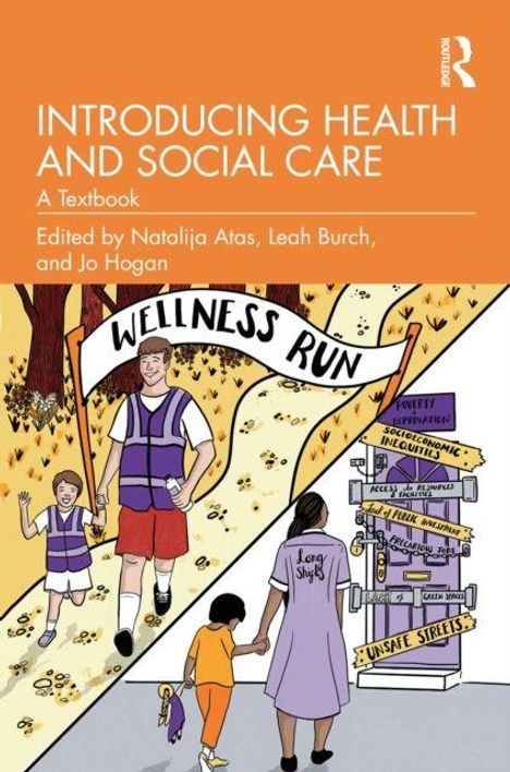 "Introducing Health and Social Care: A Textbook." Zwei Personen laufen unter einem "Wellness Run"-Banner auf einem Pfad.