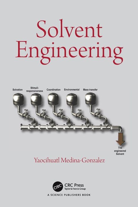 "Solvent Engineering" und "Yaochiuatl Medina-Gonzalez" in großen roten Buchstaben, darunter Ventile mit technischen Beschriftungen.