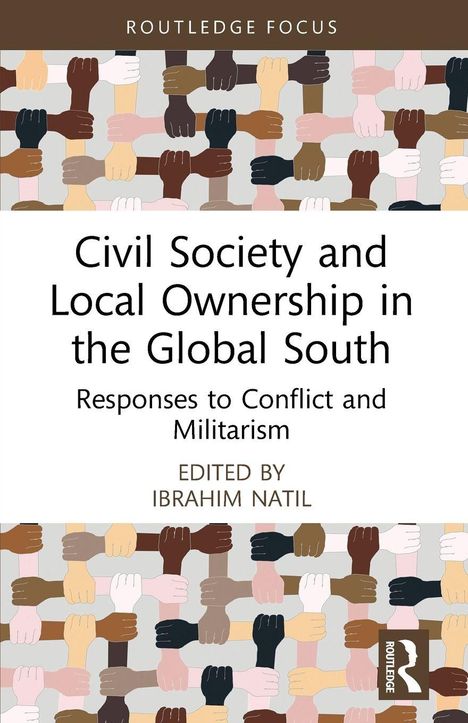 „Civil Society and Local Ownership in the Global South“, Illustration von Händen verschiedener Hautfarben, die sich festhalten.