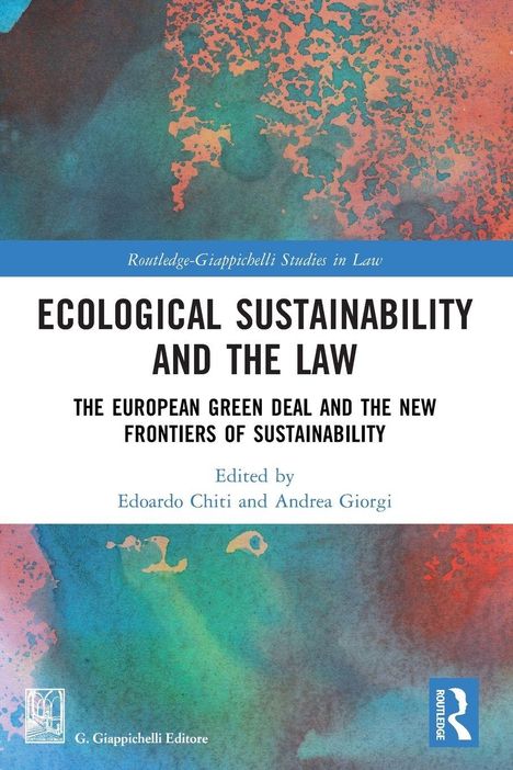 Text: "Ecological Sustainability and the Law." Buntes abstraktes Muster in Blau- und Orangetönen darauf.